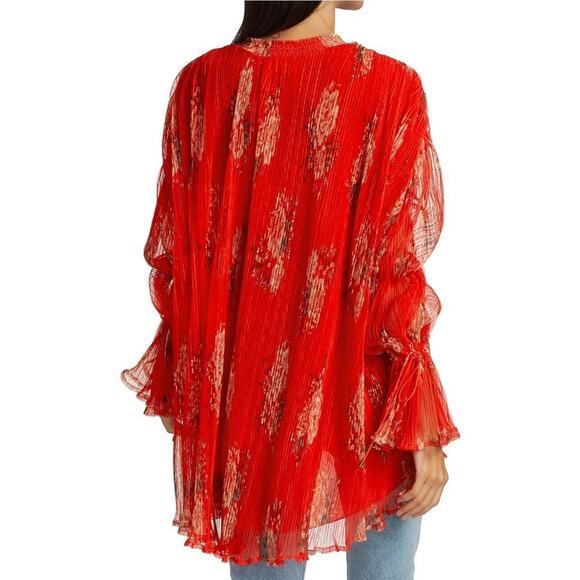Free People Womens Dahlia Tunic Sz XS Red Floral Pop Combo Bell Sleeve NWT - Picture 8 of 10